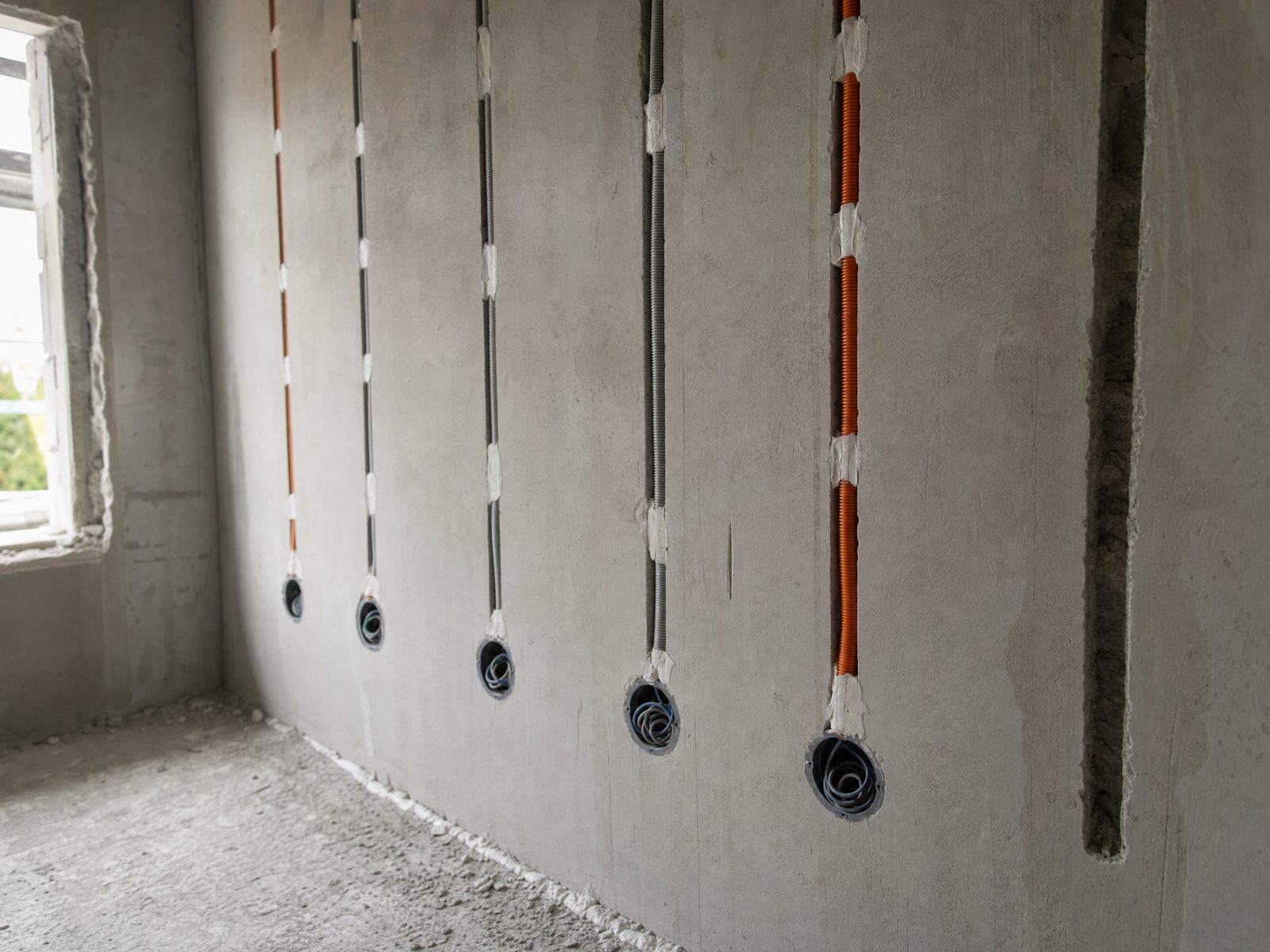 Rohinstallation im Rohbau: orange und graue Leerrohre liegen in gefrästen Wandschlitzen und enden in gesetzten Unterputzdosen