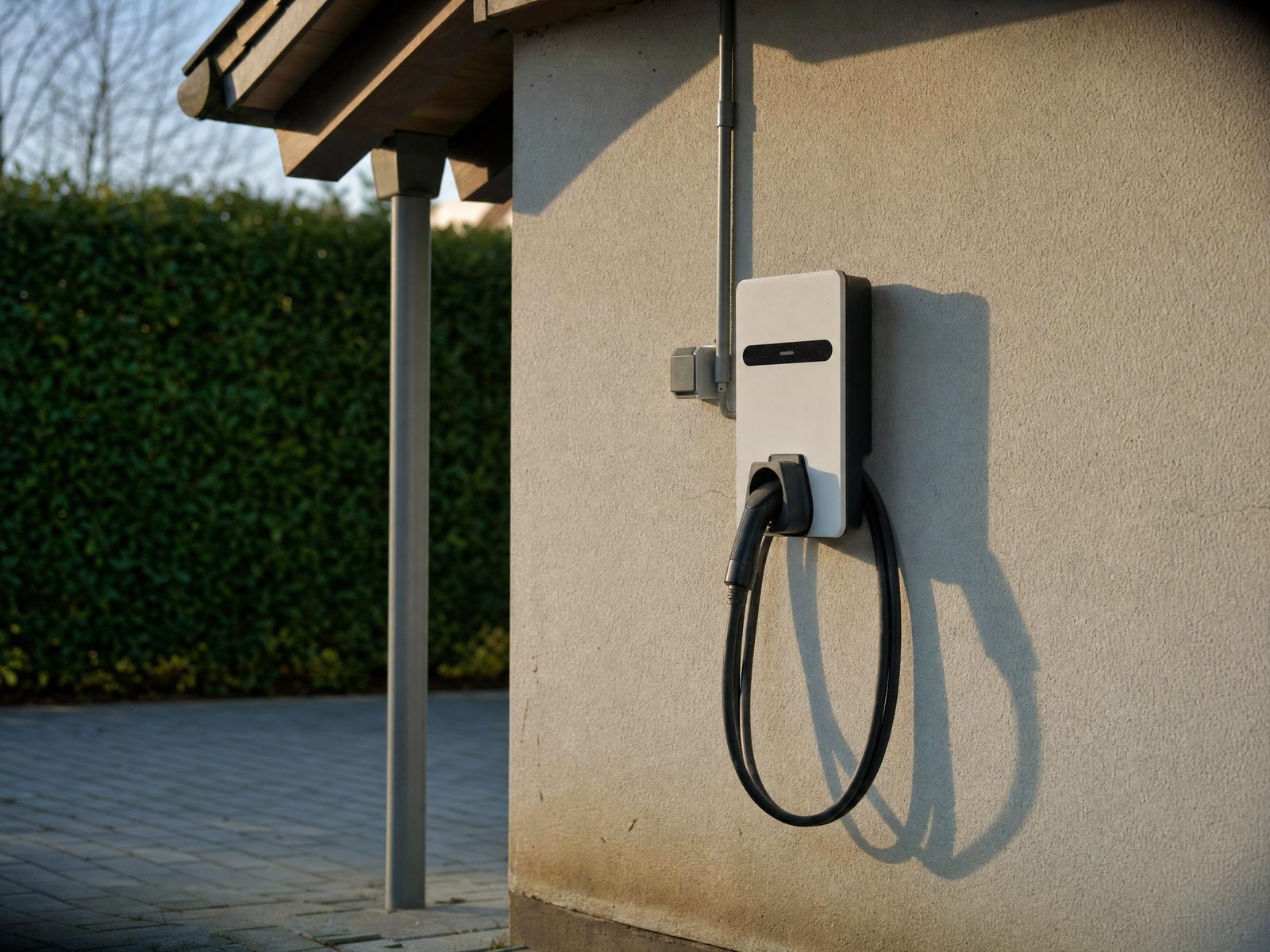 Weiße Wandladestation für Elektroautos an einer Carportwand, Ladekabel in einer Schlaufe an der Halterung