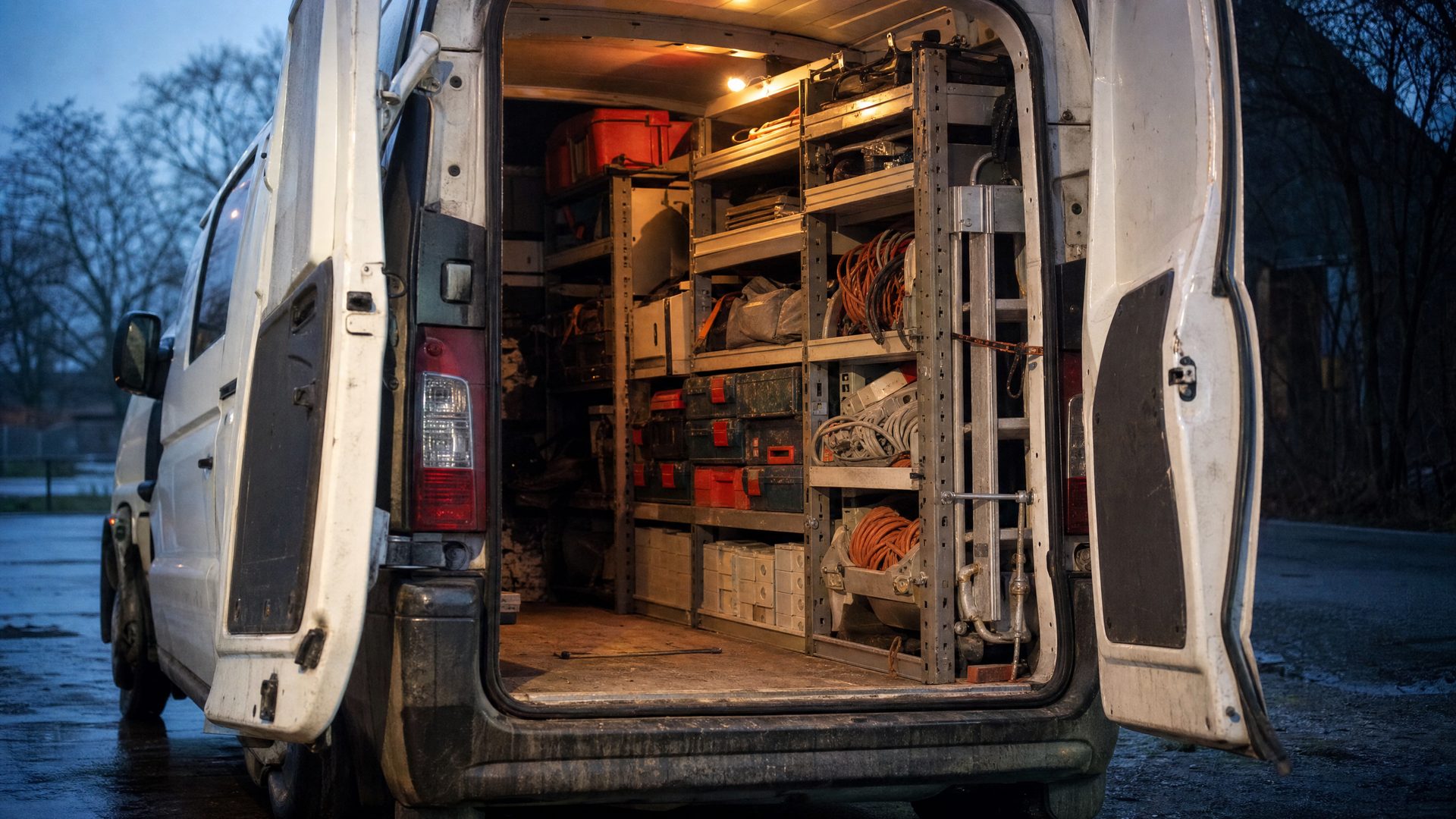 Offener Heckbereich eines Transporters: Regale mit gestapelten Werkzeugkoffern, Leiter und Kabel, morgens vor der Abfahrt